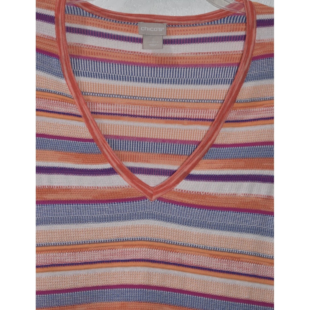 Chicos Linen Blend Top 1/Medium Colorful Stripes V-Neck 3/4 Sleeves Lightweight - Picture 12 of 16